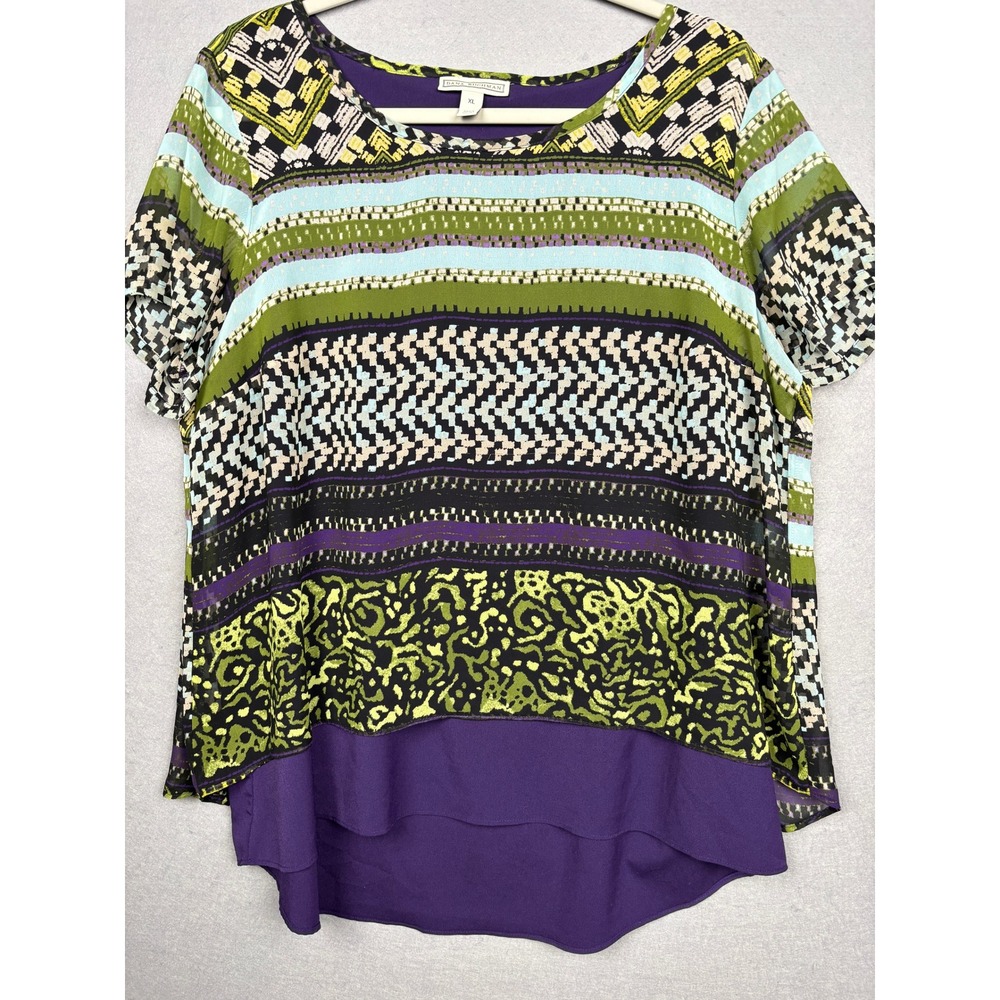 Dana Buchman Blouse Womens XL Geometric Layered High Low Short Sleeve